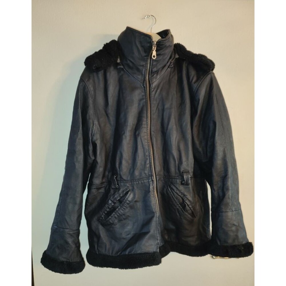 Marcia Collection Women's Black Leather Fur Jacket Coat Size XL